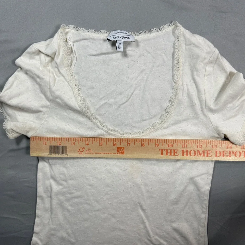 & Other Stories Paris Atelier White Heart Lace Trim Scoop Neck Top S Romantic